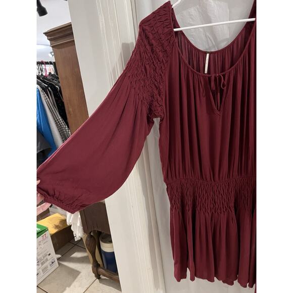 Free People Burgundy Peasant Smocked Mini Dress Sz S Boho Oversized - Picture 3 of 8